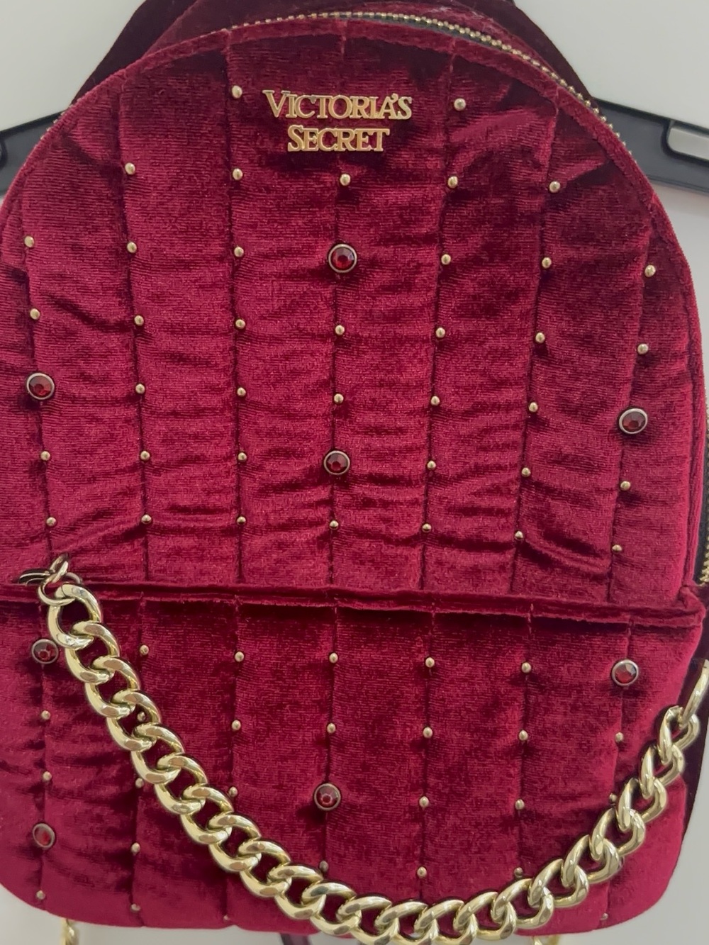 Victoria's Secret Wine Velvet Studded Mini Backpack with Gold Chain - Picture 3 of 5